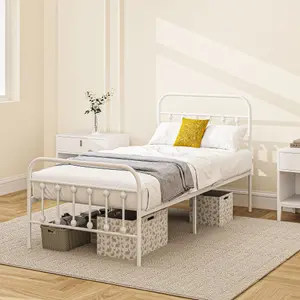 HOMCOM 3ft Metal Single Platform Bed Frame w/ Underbed Storage Headboard White