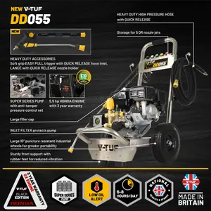 V-TUF DD055 2000psi, 140Bar, 13.2L/min Industrial 5.5HP Honda Driven Petrol Pressure Washer