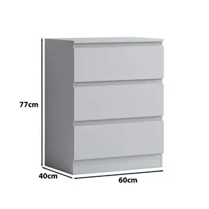 Carlton 3 Drawer Chest Of Drawers: 60cm Wide. Matt Finish. Scratch Resistant. Handleless Design. 14cm Deep Drawers Matte White