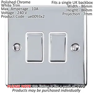 2 PACK 2 Gang Double Metal Light Switch POLISHED CHROME 2 Way 10A White Trim