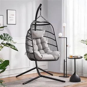 Yaheetech Black Foldable PE Rattan Hanging Chair with Cushion & Pillow & Rain Cover for Garden