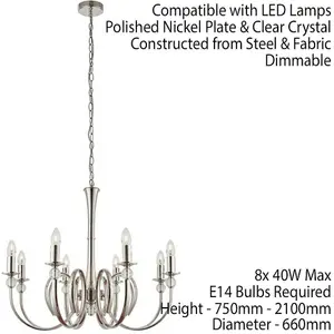 Luxury Hanging Ceiling Pendant Light Bright Nickel & Crystal 8 Lamp Chandelier