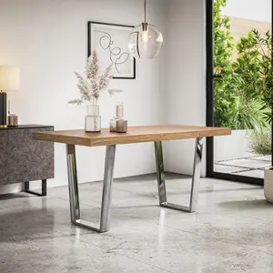 Aria Dining Table And Chairs -  Oak Effect Table Top w Chrome Legs + Monza Faux Leather Dining Chair w Chrome Legs Set Of 6 (Grey)