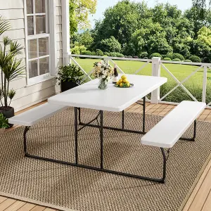 White Foldable Picnic Table Bench Set with Parasol Hole Portable Camping Trestle Table Chairs 6 Seater