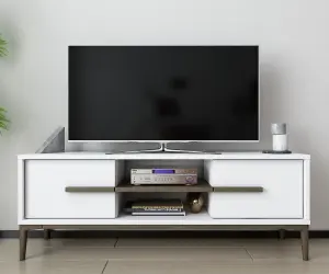 Decorotika Eslem TV Stand, TV Cabinet, TV Unit with Two Shelves and Two Cabinets - White and Walnut Pattern