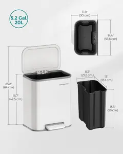 SONGMICS Steel Pedal Trash Container, Soft-Close Lid Feature, Stays Open, Internal Bucket, Non-Slip Wide Pedal, Cloud White