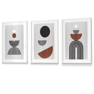 Set of 3 Black Grey Terracotta Abstract Mid Century Geometric Wall Art Prints / 30x42cm (A3) / White Frame