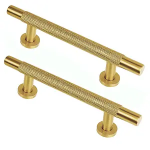 CH445 Knurled T Bar Pull Handle, Satin Brass, 224mm Centres, Pack of 2