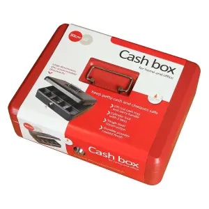 Lockable 12" Steel Cash Box - Money Organiser Safe with Note & Coin Tray, Cylinder Lock & Carry Handle - H9 x W30 x D24cm, Red