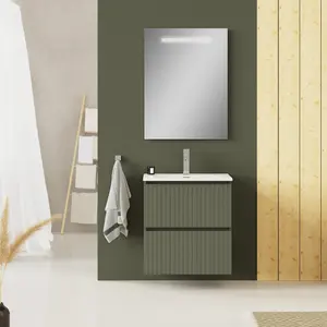 Banyetti Linea Muscat Sage Ribbed Double Drawer Wall Hung Vanity Unit 600mm x 390mm