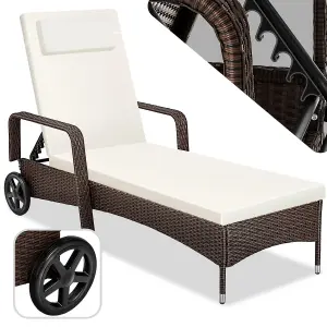 Sun Lounger - 6-position backrest, weather & UV-resistant, soft pillow, two wheels - mixed brown