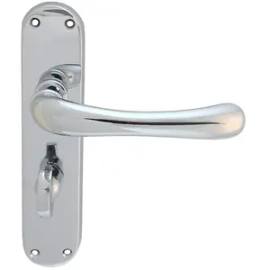 Rounded Smooth Bathroom Latch Door Handle - Polished Chrome Lever On Backplate