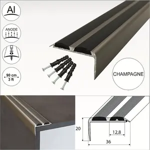 A37 36 x 20mm Anodised Aluminium Non Slip Rubber Stair Nosing Edge Trim With Inserts - Champagne With Black Rubber, 0.9m