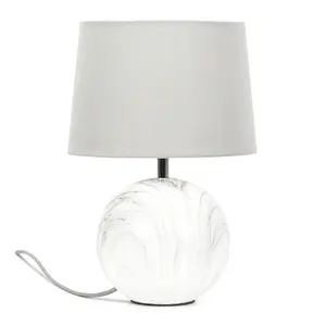 ValueLights Connie Marble Effect Ceramic Table Lamp with a Grey Fabric Shade Bedroom Bedside Light - Bulb Included