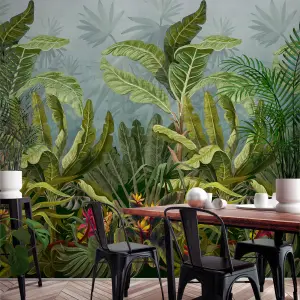 Grandeco Parrot Jungle Green Bold Leaf 3 Lane Repeatable Wallpaper Mural 159 x 280cm