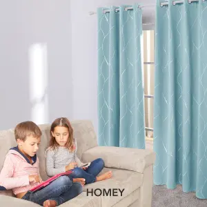 Deconovo Thermal Blackout Curtains, Silver Wave Line Foil Printed Eyelet Curtains for Bedroom, 52 x 54 Inch, Sky Blue, One Pair