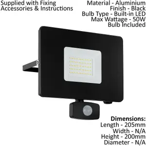 IP44 Outdoor Flood Light & PIR Sensor Black Aluminium 50W Built in LED