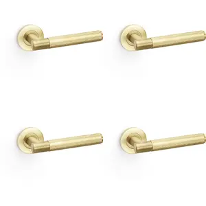 4 PACK - SOLID BRASS Knurled Door Handle Set - Satin Brass Straight Lever on Round Rose