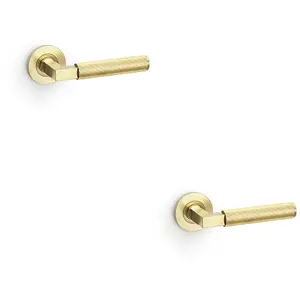 2 PACK - SOLID BRASS Reeded Door Handle Set - Satin Brass Angled Lever on Round Rose