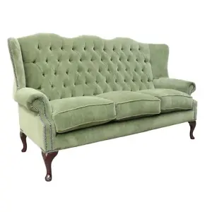 Chesterfield 3 Seater Flat Wing High Back Sofa Aruba Forest Green Fabric In Queen Anne Style