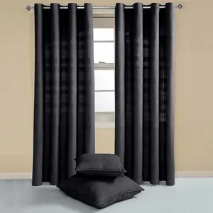 Homescapes Cotton Rajput Ribbed Black Curtain Pair, 66 x 72" Drop