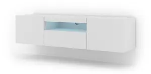 Aura Modern TV Cabinet 150cm in White Matt with Blue LED Lighting - W1500mm x H36-420mm x D370mm