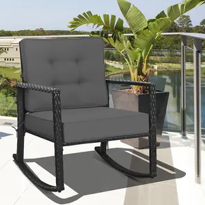 Costway Outdoor Wicker Furniture Rocking Chair Metal Frame Patio Rattan Rocker w/ Cushion