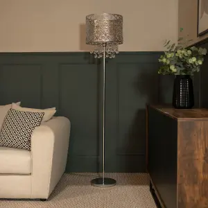 ValueLights Enna Silver Moroccan Style Floor Lamp with Acrylic Jewel Droplet Drum Lampshade - Bulb Included