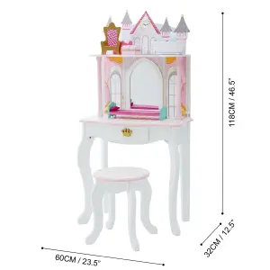 Teamson Kids Dressing Table, Play Vanity Set with Mirror & Stool, Dreamland Castle - White/Pink