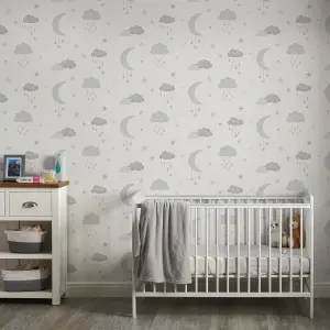 Grandeco Moon & Stars Nursery Textured Wallpaper Natural Grey