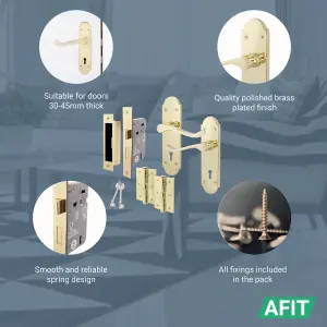 AFIT Polished Brass Door Handle Key Lock Set - Victorian Scroll - 1 Pair of Internal Door Handles, Hinges 76mm, Sash Lock 64mm