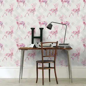 Dove Floral Stag Wallpaper Pink Multicolour Geometric Pattern Paste The Wall