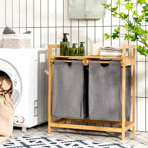 Costway Bamboo Laundry Hamper 2-Section Laundry Sorter Basket w/ Sliding Bags & Shelf