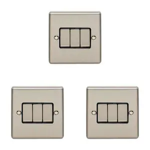 3 PACK 3 Gang Triple Metal Light Switch SATIN STEEL 2 Way 10A Black Trim