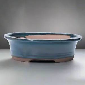 26cm Glazed Bonsai Pot - Oval - 26cm x 21cm x 7cm - Blue