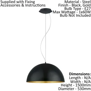 Pendant Ceiling Light Black Outer Colour Gold Inner Colour Shade Bulb E27 60W