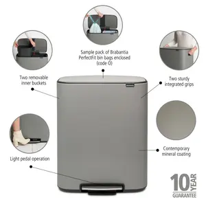 Brabantia Bo 30 Litre + 30 Litre Pedal Bin with Two Inner Buckets Mineral Concrete Grey