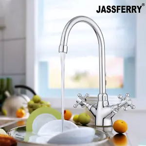 JASSFERRY Kitchen Mixer Tap Monobloc Brass Two Crosshead Lever Swivel Spout Chrome