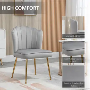 HOMCOM Velvet-Feel Shell Accent Chair Home Bedroom Lounge Metal Legs Grey