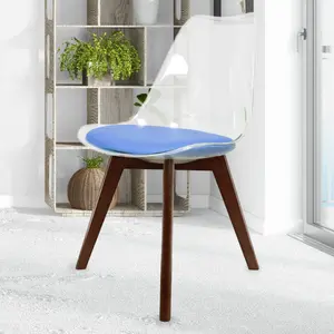 Soho Clear and Blue Plastic Dining Chair with Squared Dark Wood Legs