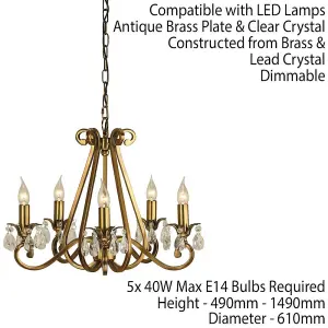 Esher Ceiling Pendant Chandelier Antique Brass & Crystal Curved 5 Lamp Light