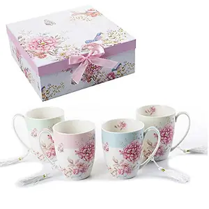 Tea Coffee Cup Mug Set 4 Ceramic Porcelain Bird Rose Butterfly Shabby Chic design in Gift Box 330ML (1 SET)