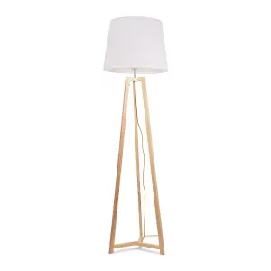 ValueLights Lottie Natural Wood Tripod Floor Lamp with White Tapered Shade - LED Bulb Included