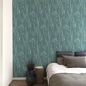 Grandeco Halm Grass & Flower Sprigs Blown Vinyl Wallpaper, Green