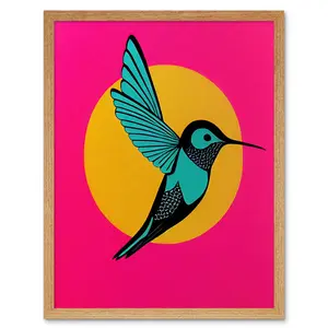 Vibrant Retro Pop Art Hummingbird - Print Light Brown Framed Paper / 43cm H x 33cm W x 2cm D