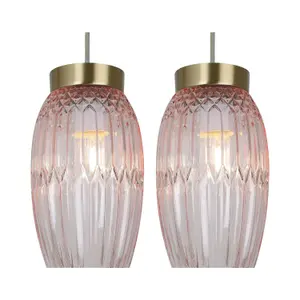 First Choice Lighting Set of 2 Facet Antique Brass with Pink Faceted Glass Pendant Shades