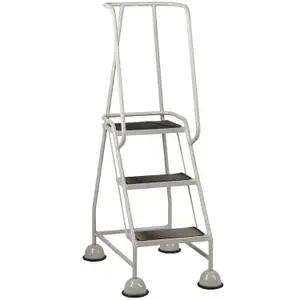 3 Tread Mobile Warehouse Steps GREY 1.43m Portable Safety Ladder & Wheels