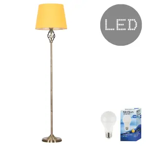 ValueLights Memphis Antique Brass Barley Twist Floor Lamp with Mustard Tapered Light Shade - with LED GLS Bulb in Warm White