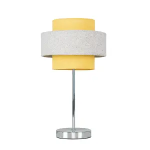 ValueLights Weaver Polished Chrome Touch Bedside Table Lamp with Mustard & Grey Herringbone Shade with LED Bulb