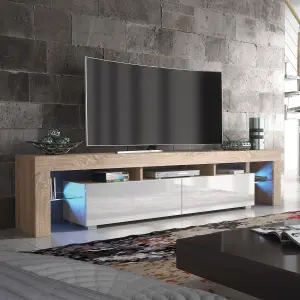 Nova TV Unit 200cm Oak and White High Gloss Doors with LED Lighting - Creative Furniture